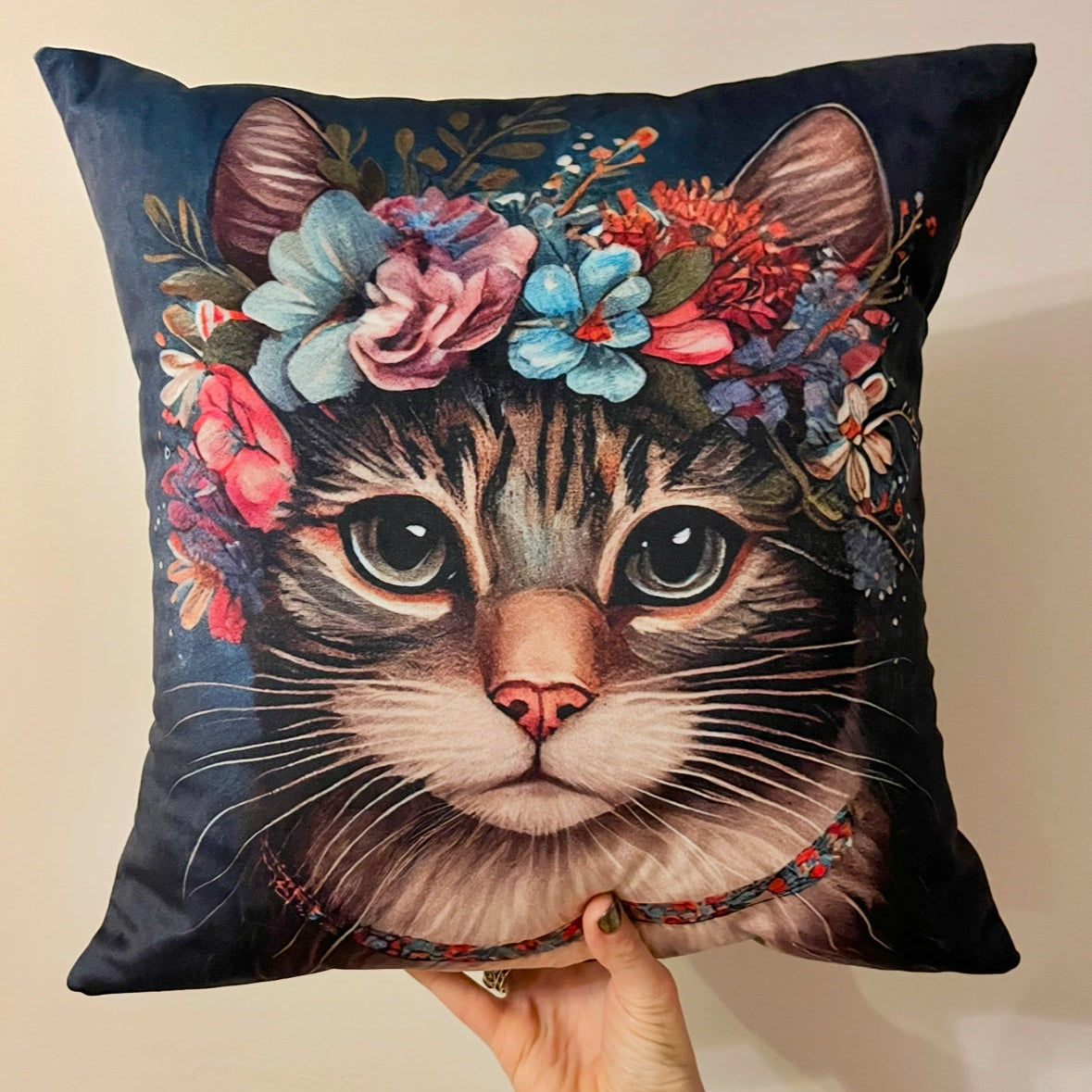 Cat cushion design with floral headband - handmade in the UK