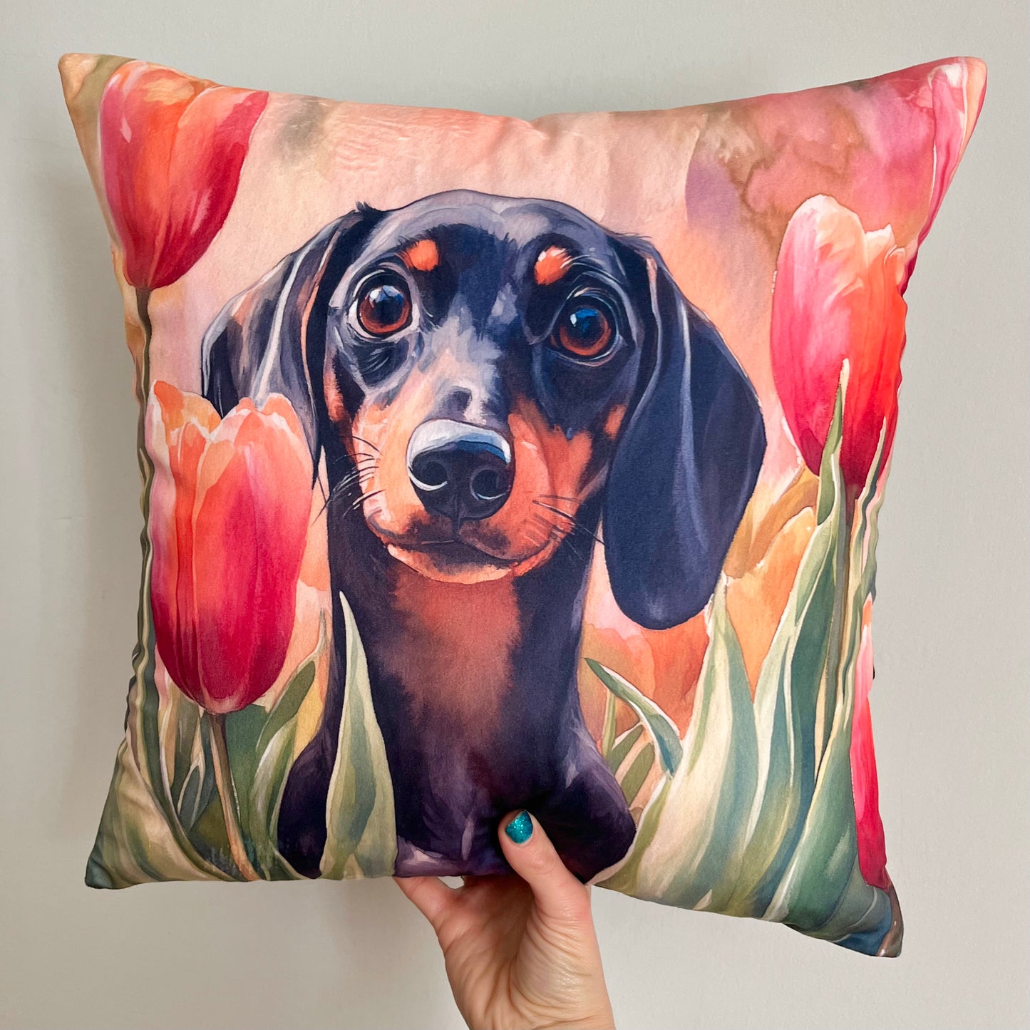 Dachshund in Tulips Velvet Cushion