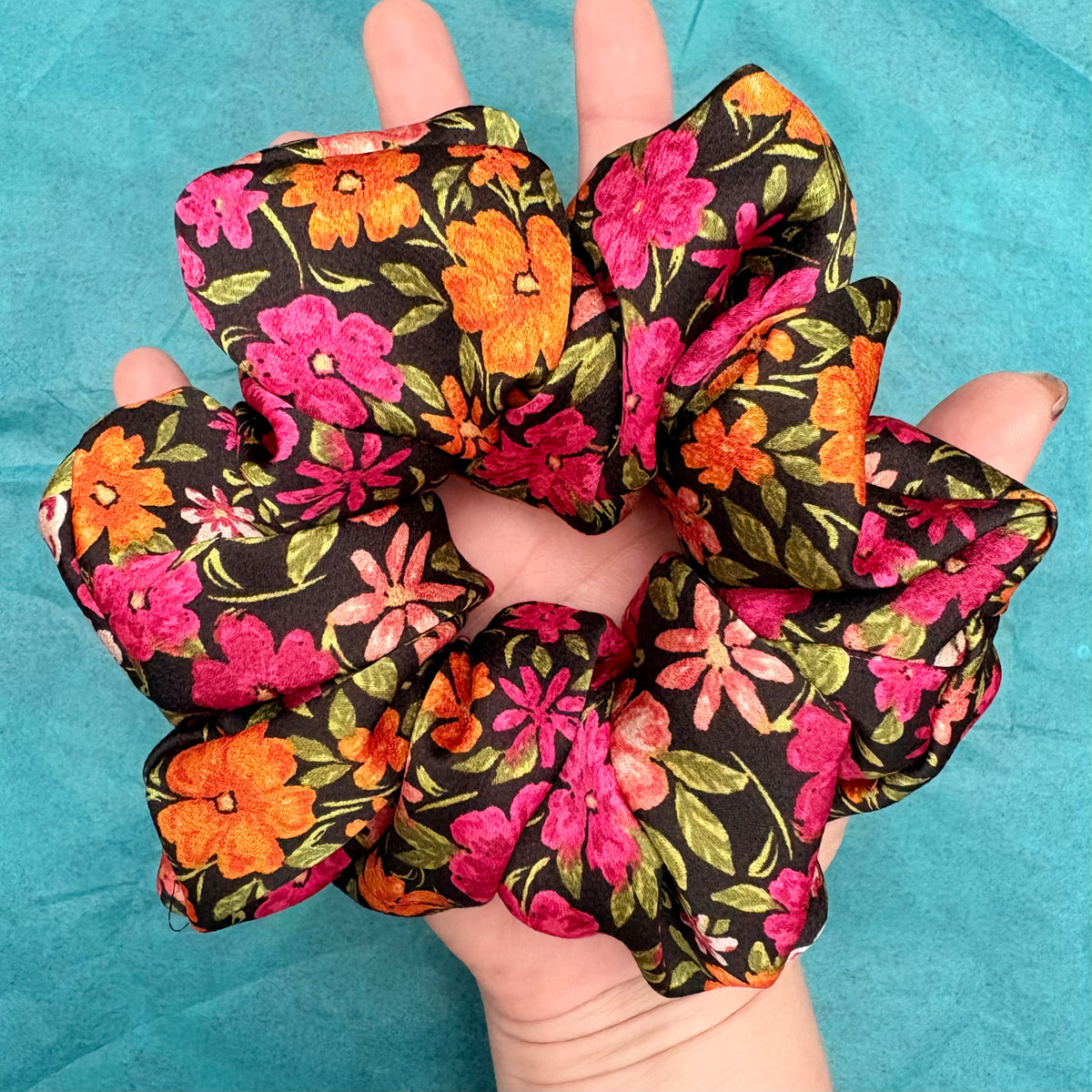 Pink and Orange Floral Satin Feel Scrunchie