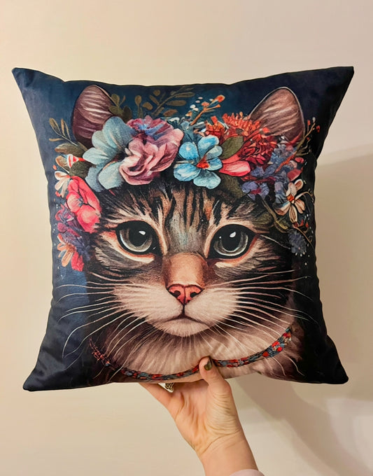 Flower Crown Cat Velvet Cushion
