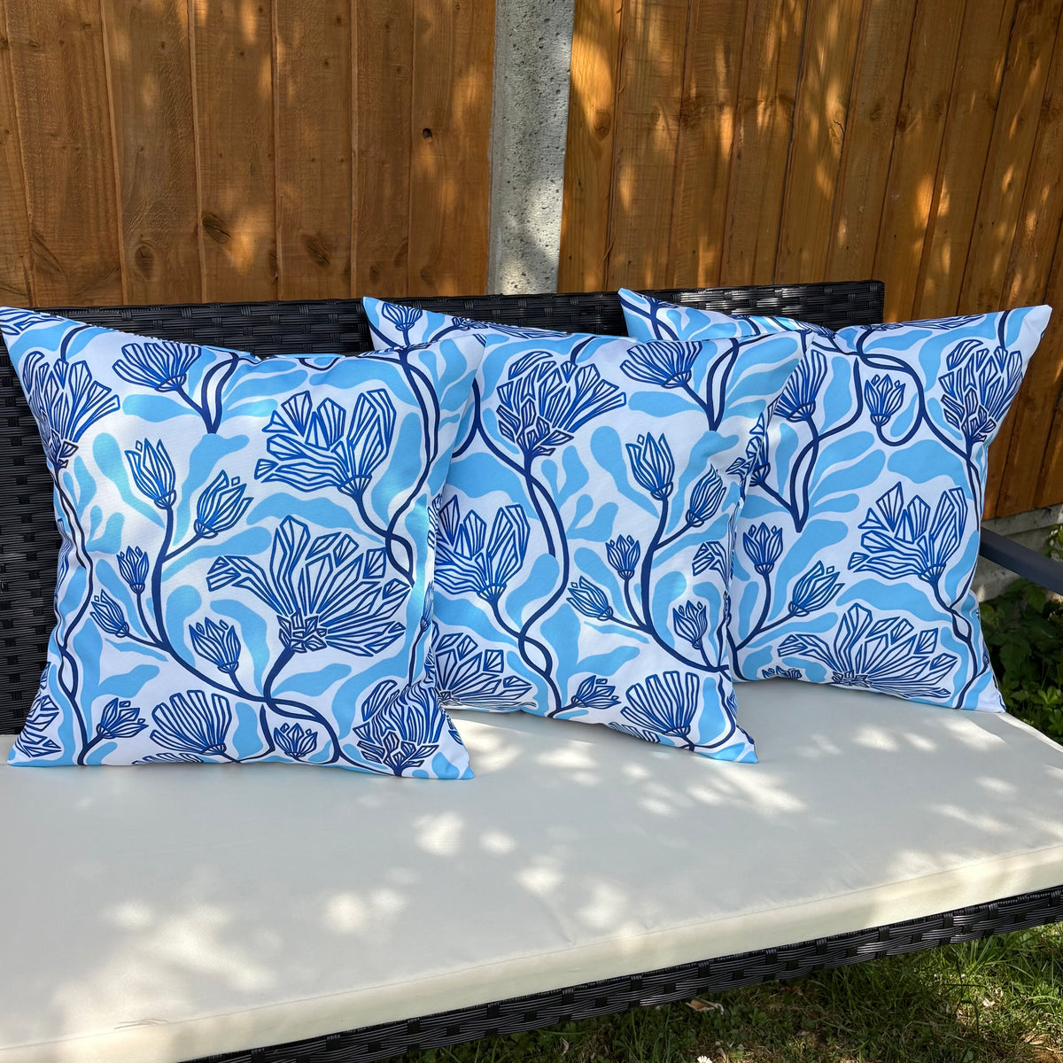 Blue floral patterned handmade cushions uk