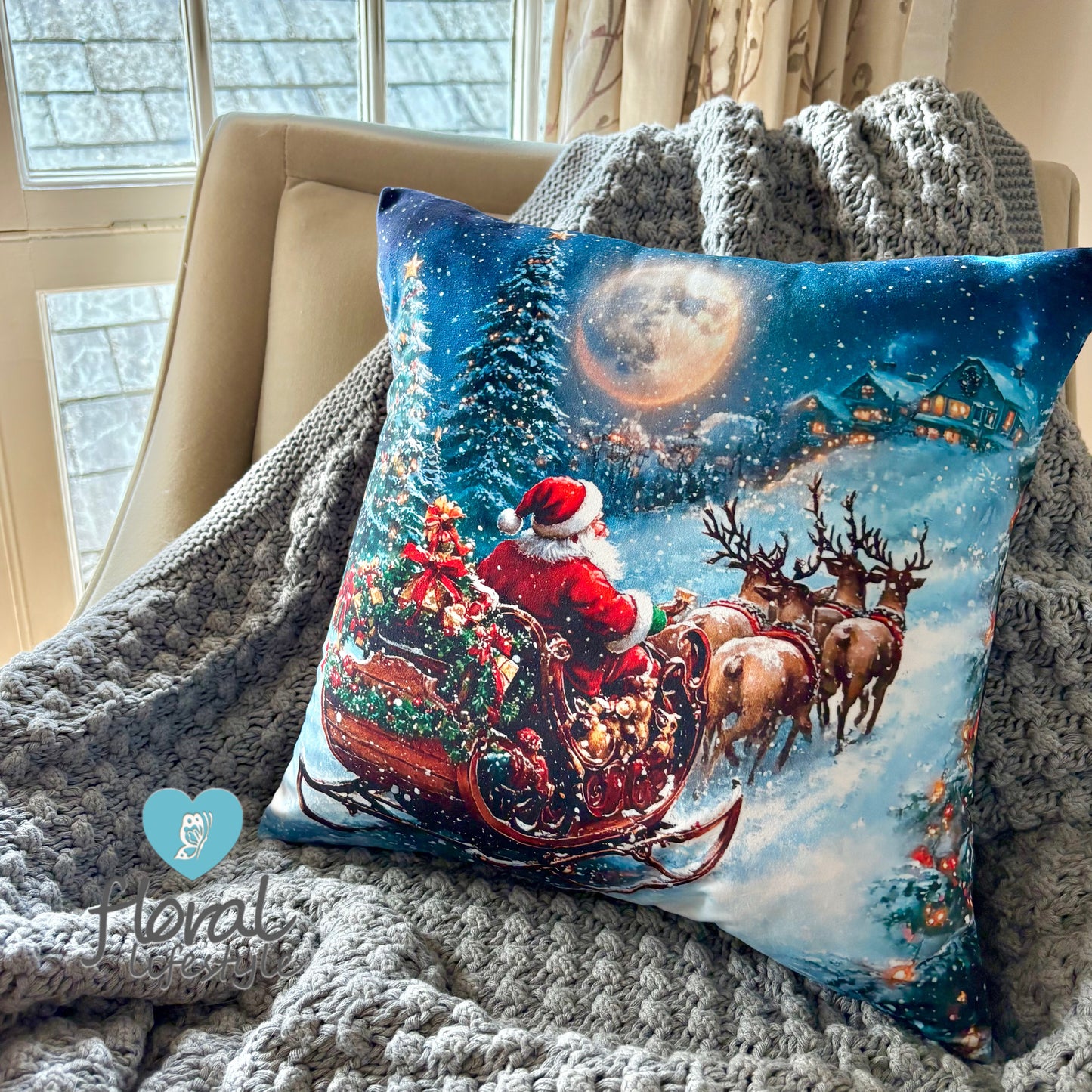 Santa and Sleigh Velvet Cushion