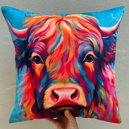Multicoloured Highland Cow Velvet Cushion