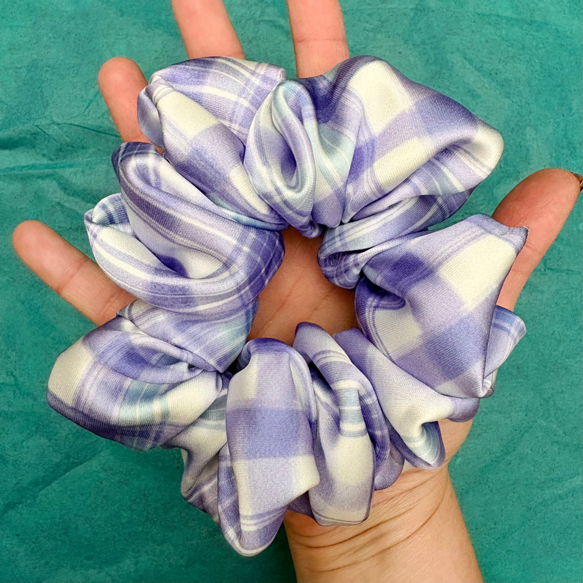 Lilac Check Satin Scrunchie