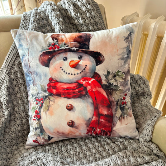Red Snowman Velvet Cushion