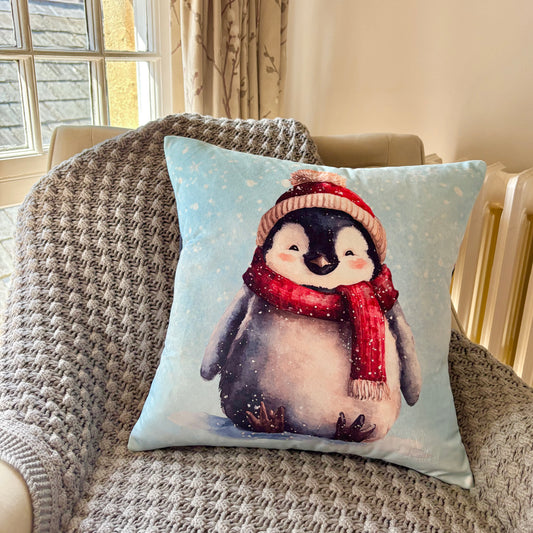 Snowy Penguin Velvet Cushion