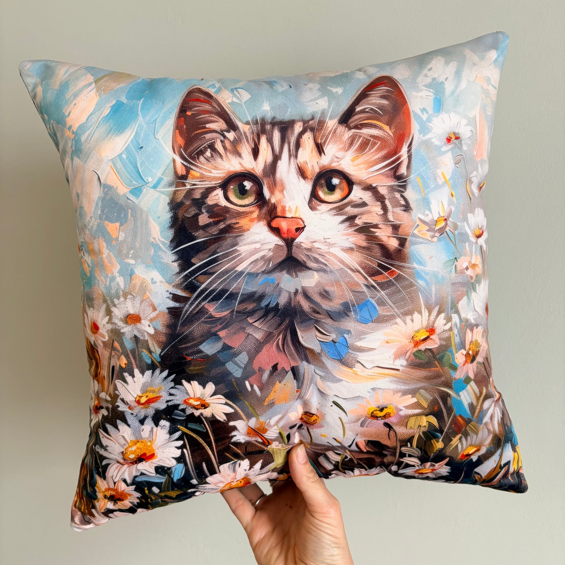 tabby cat with daisy design cushion - handmade uk