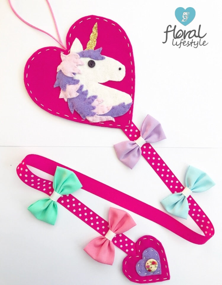 Deluxe unicorn hair bow holder - Pastel on hot pink